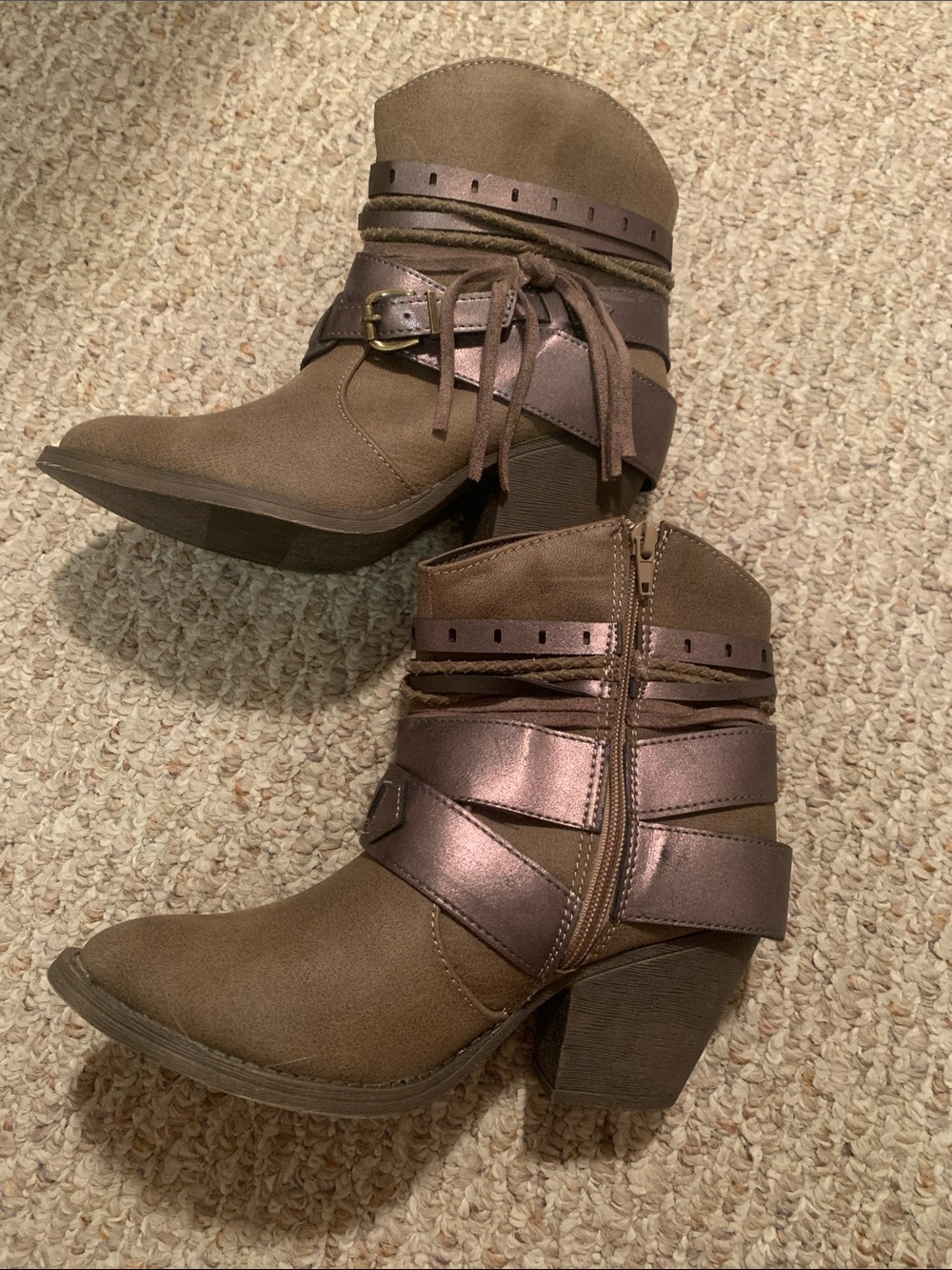 pop Brown Ankle Boots with Metallic Bronze Straps